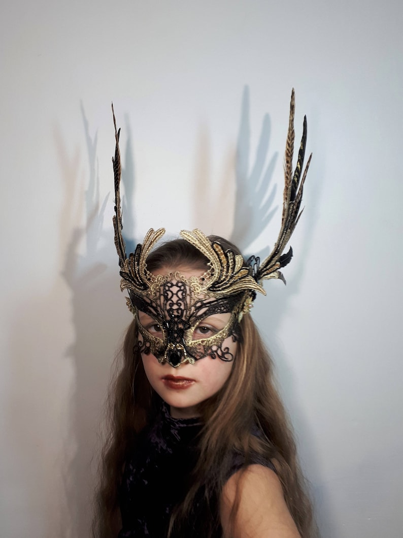 Phoenix Bird Feathered Headdress,Feathered Black Gold Lace Mask,Valkyrie Mask,Beaded Venetian Mask,Costume Mask Masquerade Ball with Wings 
