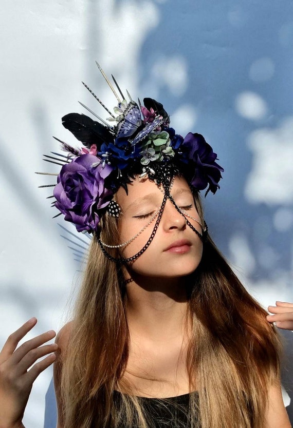Purple,royal Blue,pink,green Flower Spike Crown,lace Feather