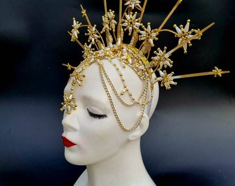 Gold,pearl Star Spiked Headdress,goddess Crown,celestial  display picture 2