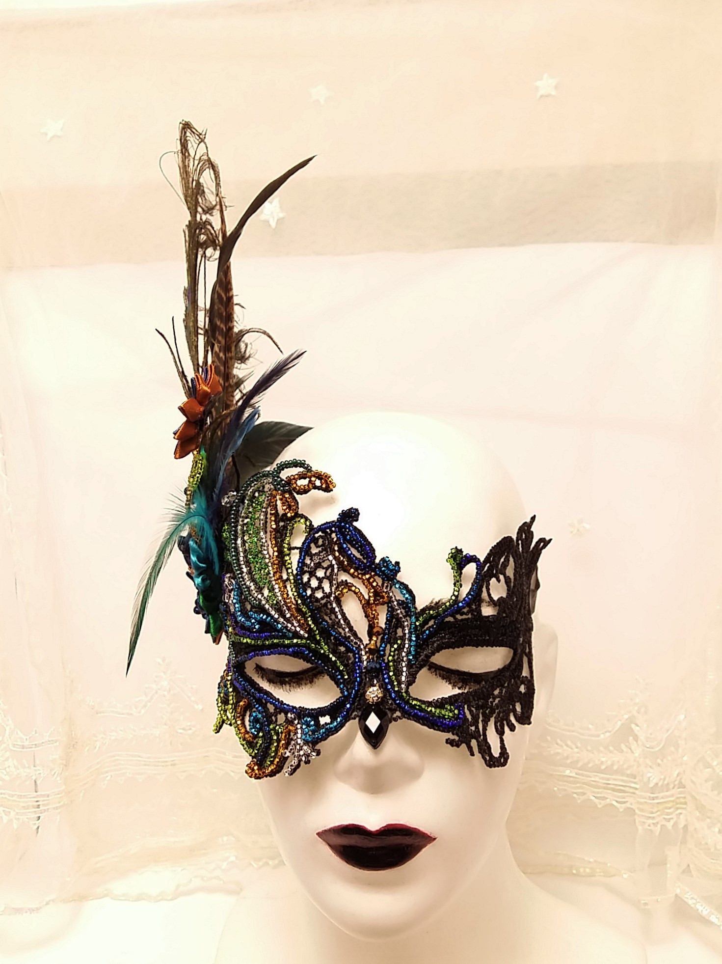 Black Lace Masquerade Mask with feathers and flowersBeaded Etsy