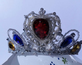 Snow White Crown,Silver Snow White Birthday Tiara,Elastic Headband,Party Tiara Red Blue Yellow stone,Beaded silver Tiara,Snow White costum