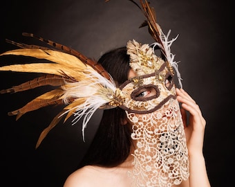 Gold,Brown Feathered Lace Valkyrie Headdress,Gold, Ivory Feathered Beaded Venetian Carnival Masquerade Ball Mask