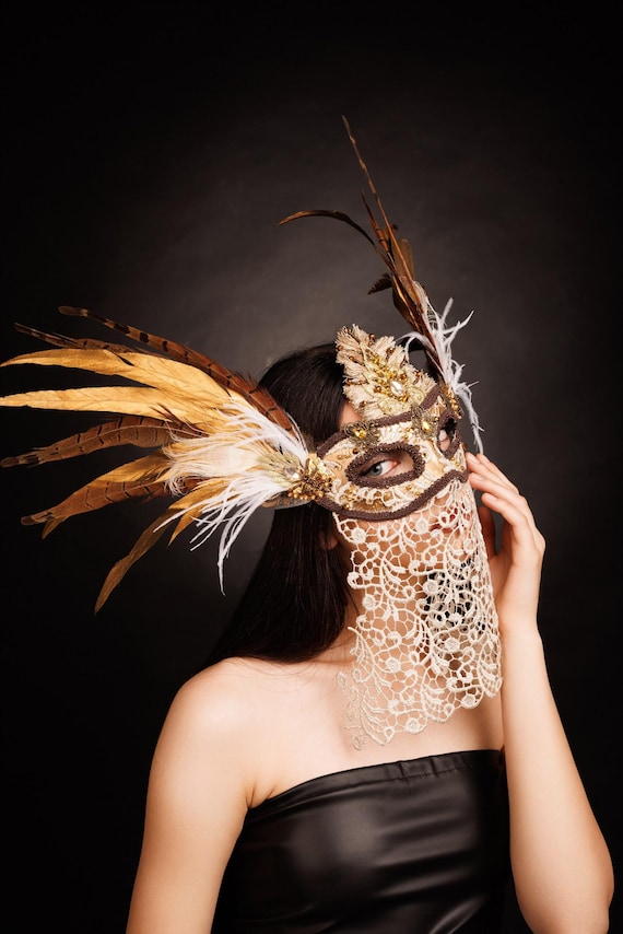 Handmade Feathered Lace Masquerade Mask, Beaded Carnival  display picture 3