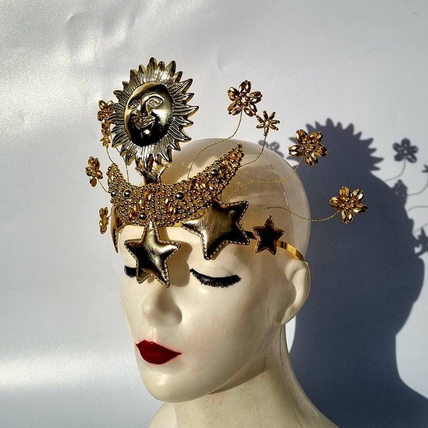 Gold Star headdress,Sun,Moon Goddess crown,Celestial Crown,Gold Beaded Star Crown