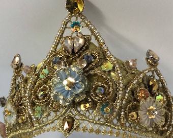 Gold Lace Crown, Beaded Flower Headband, Party Headpiece, gold birthday headpiece, Gold Queen Tiara