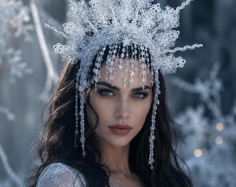 White Lace Snowflake Spike Crown, Snow Queen Tiara Kokoshnik, Adult Headpiece