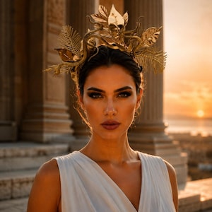 May include: A gold-colored headpiece featuring metallic leaves, fern fronds, and winding vine-like structures. The accessory is worn atop the head, showcasing a detailed botanical design with a reflective, polished finish that catches the light.