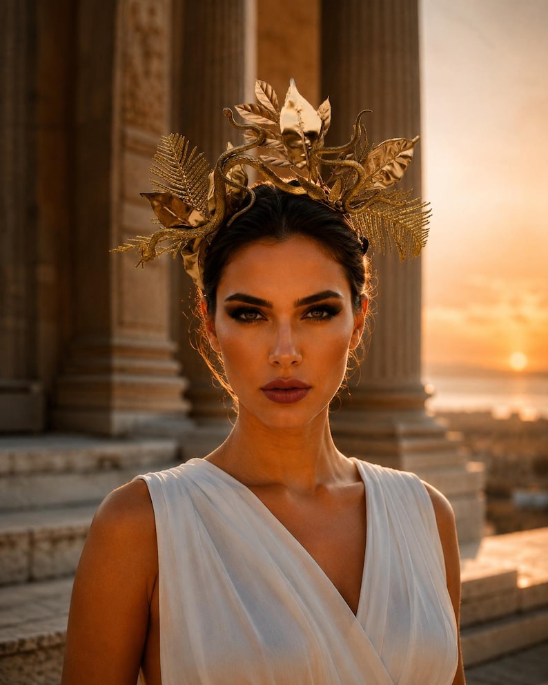 May include: A gold-colored headpiece featuring metallic leaves, fern fronds, and winding vine-like structures. The accessory is worn atop the head, showcasing a detailed botanical design with a reflective, polished finish that catches the light.