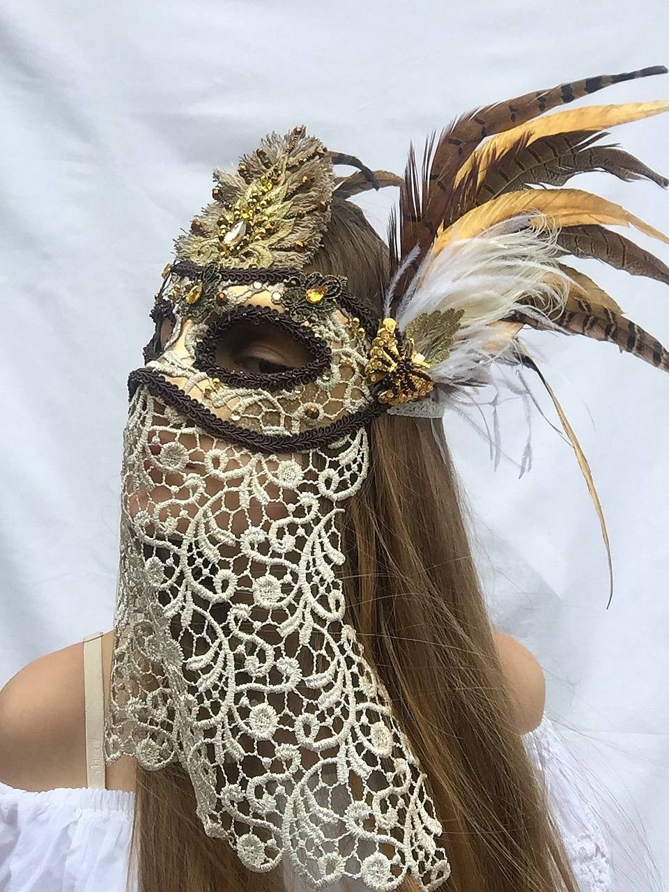 Handmade Feathered Lace Masquerade Mask, Beaded Carnival 