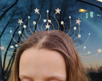 Gold Star Crown,Celestial Crown,Crystal Diamante star crown,Bridal star headpiece,Prom,Birthday,Wedding gold wired star crown,headband