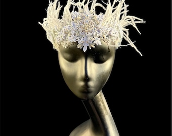 Feathered Snow Queen Crown, Lace Snowflake Tiara, Winter White Silver