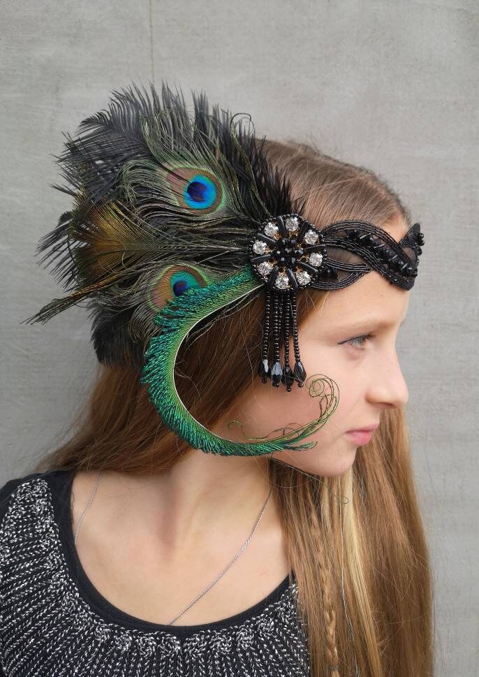 Peacock Getsby headband,Beaded Getsby headband,Black,Green,Blue headpiece,Getsby Fascinator