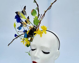 Easter Butterfly Fascinator: Royal Blue and Yellow Flower Nest Headband - Ethereal Woodland Fairy,Elf Crown, Spring Flower,Twigs Fascinator