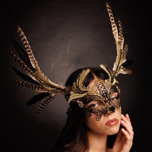 Feathered Phoenix Mask: Black Gold Lace, Beaded Masquerade Ball Mask with Wings