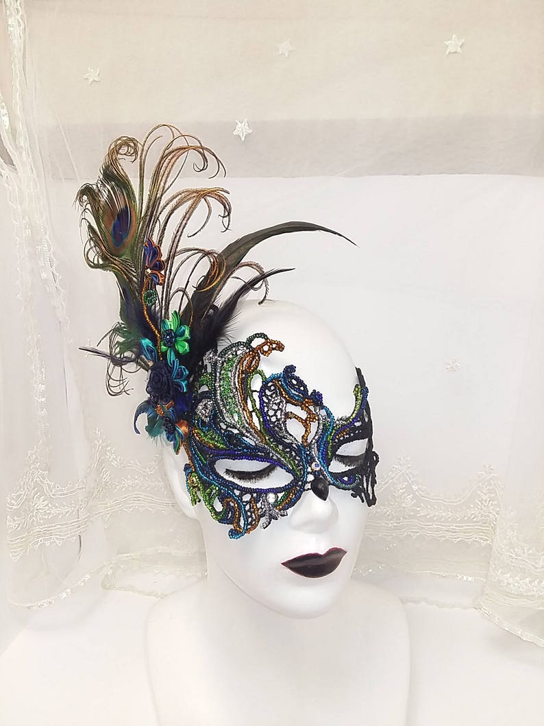 Black Lace Masquerade Mask with feathers and flowersBeaded Etsy