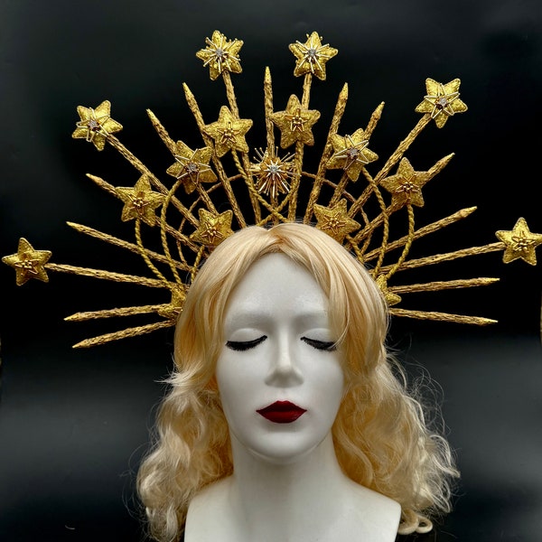 Cuentas de estrella de oro, tocado con púas, celestial, princesa estrella de oro, corona de diosa, cumpleaños de estrellas de oro, halo de boda, tocado del festival de oro