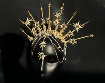 Gold,pearl Star Spiked Headdress,goddess Crown,celestial  display picture 3