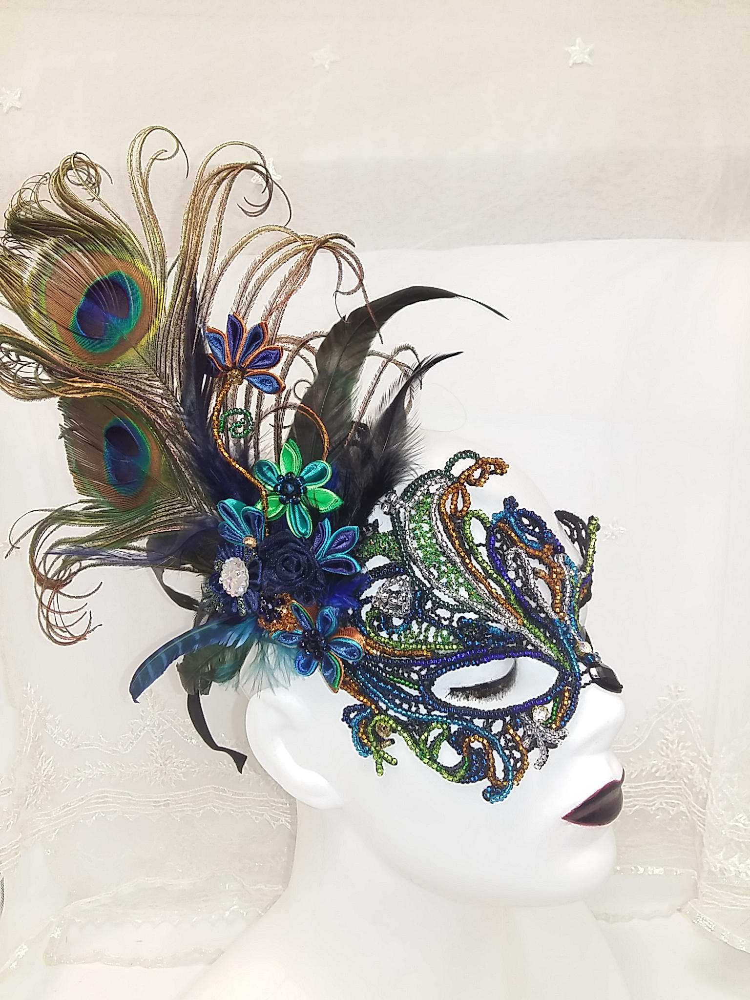 Máscara De Encaje Con Plumas De Pavo Real – Diseño Veneciano Desmontable, Hecha A Mano, Ideal Para Halloween Y Bailes De Máscaras