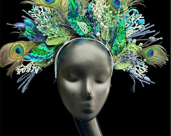 Peacock Feather Fascinator,Carnival Feathered headpiece,Blue,Green,Purple,Silver Leaves Crown, Woodland Fairy Crown