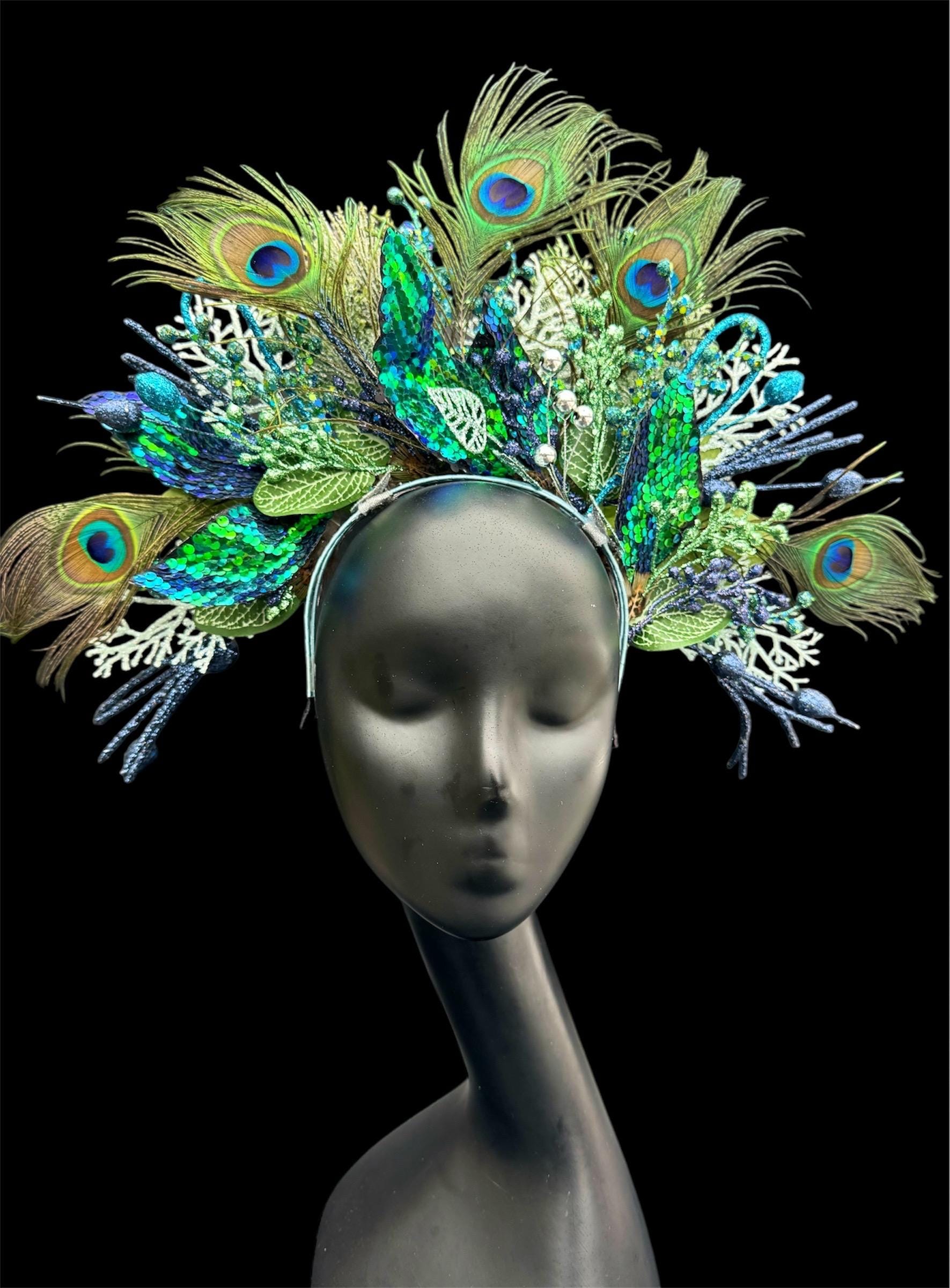 4354 Women Peacock Feathers Headband Novelty Carnival Fascinator Headpiece GREUS Peacock Headdress Costume Women Carnival Feather  main image 3