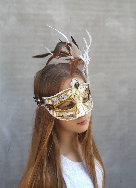 Ivory,gold,brown Masquerade Feathered Twig Mask,phantom of  display picture 2