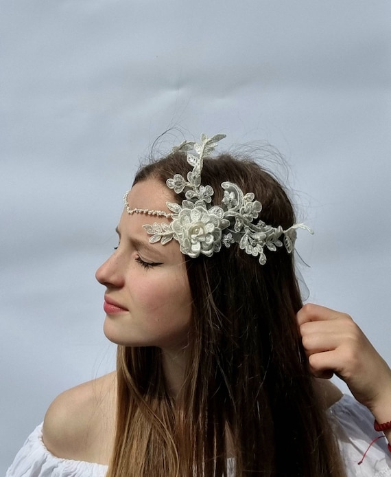 Vintage Off White Floral & Beaded Head Piece s-l400.jpg main image 2