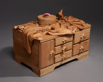 Hand Carved Wooden Sewing Box - Bird, Beads, Zip, Measuring tape, etc...