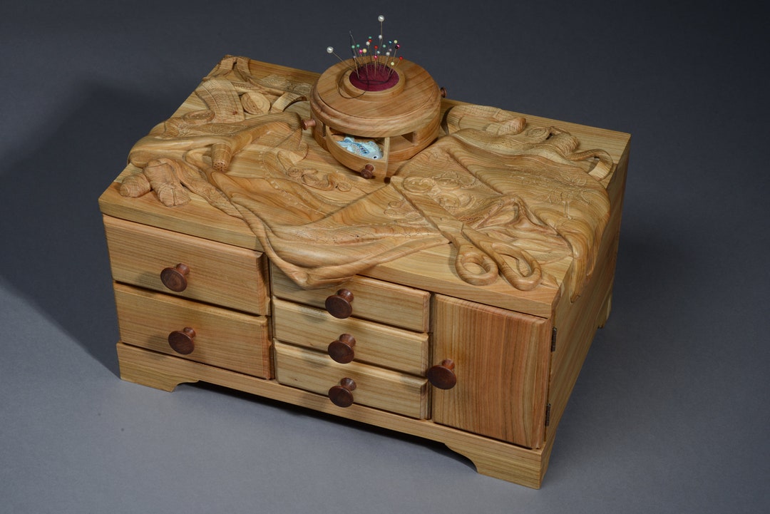 Hand Carved Wooden Sewing Box - Thimble, Scissors, Buttons, Embroidery ...