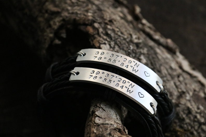 Couples leather bracelet, Custom Coordinate Bracelet, Latitude Longitude Bracelet, Coordinates bracelet, his and her bracelet, mens bracelet image 2