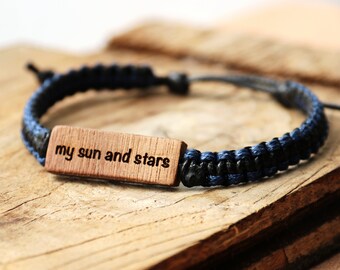 Personalizable Walnut Wood Adjustable Bracelet | Macrame Hand Knotted Paracord | Reclaimed Wood | My Sun And Stars Name/Date/Initial/Word