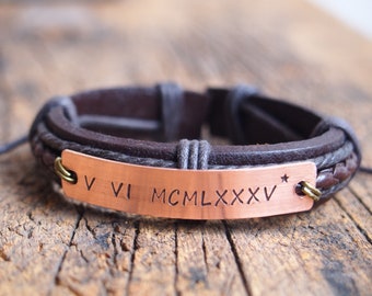 Men's Roman numerals bracelet,Personalized men's Roman numerals bracelet, customized men's leather bracelet, boyfriend father bracelet,