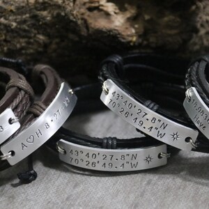 Personalized Jewelry, Leather mens bracelet, Coordinates bracelet, Engraved Couples bracelet, handmade bracelet, Customized mens bracelet