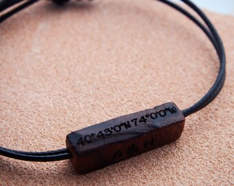 Personalized Coordinates bracelet, Morse Code Bracelet, Friendship Walnut Wood Bracelet, Best Friend Gift, His Her Bracelet, GPS bracelet