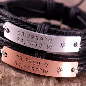 Couples leather bracelet, Custom Coordinate Bracelet, Latitude Longitude Bracelet, Coordinates bracelet, his and her bracelet, mens bracelet image 4