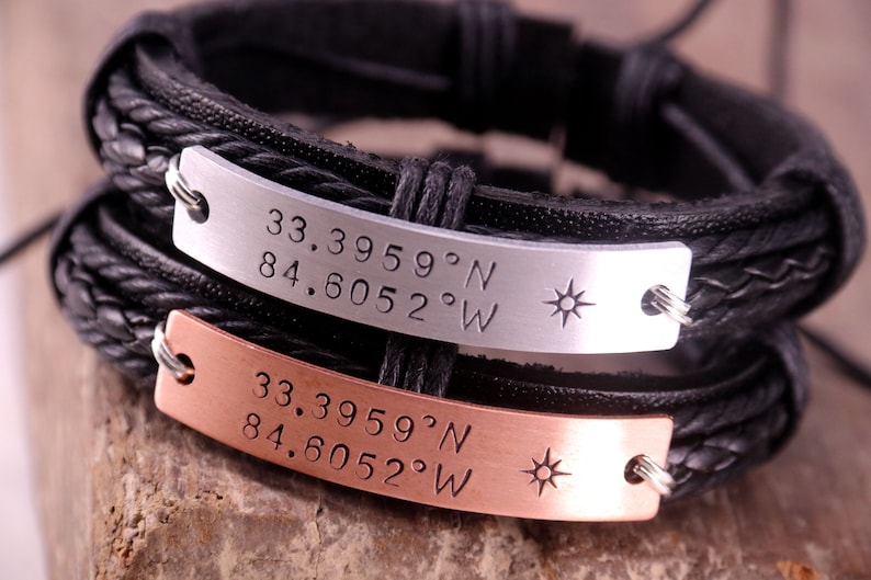 Couples leather bracelet, Custom Coordinate Bracelet, Latitude Longitude Bracelet, Coordinates bracelet, his and her bracelet, mens bracelet image 4