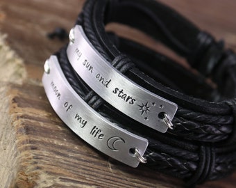 Personalized Jewelry, Couples Bracelet, leather bracelet, Moon of my life - my sun and stars, Men, women bracelet, Dad Gift, Mom Gift, Gift