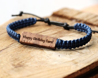 Personalizable Walnut Wood Adjustable Bracelet, Macrame Hand Knotted Paracord, Anniversary Date Gift, Custom Date/Name/Initial/Word/Birthday