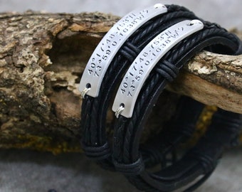 Personalized Jewelry, Customized mens bracelet, Leather mens bracelet, Coordinates bracelet, Engraved Couples bracelet, handmade bracelet,