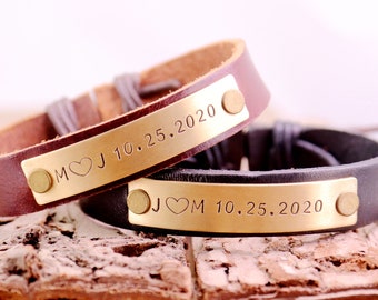 Personalized Couples bracelet, anniversary date bracelet, His and her bracelet, Leather Bracelet, Matching bracelet, anniversary bracelet