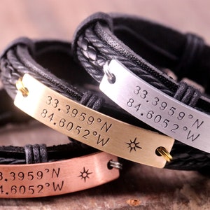 Couples leather bracelet, Custom Coordinate Bracelet, Latitude Longitude Bracelet, Coordinates bracelet, his and her bracelet, mens bracelet image 6