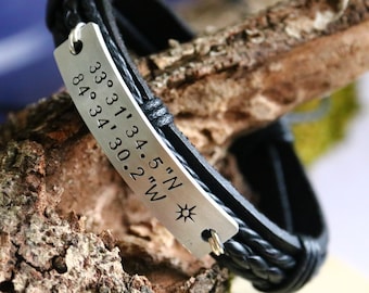 Bracelet en cuir personnalisé, Couples Coordinate Bracelet, Latitude Longitude Bracelet, GPS Coordinates bracelet, Father's day gift bracelet