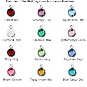 Peut inclure: Un tableau montrant les couleurs des pierres de naissance pour chaque mois de l'ann&eacute;e. Les pierres sont pr&eacute;sent&eacute;es sur des pendentifs en argent. Grenat - Janvier, Am&eacute;thyste - F&eacute;vrier, Aigue-marine - Mars, Diamant - Avril, &Eacute;meraude - Mai, Am&eacute;thyste claire - Juin, Rubis - Juillet, P&eacute;ridot - Ao&ucirc;t, Saphir - Septembre, Rose - Octobre, Topaze - Novembre, Topaze bleue - D&eacute;cembre.