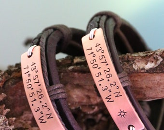 Customized leather bracelet, Couples Coordinate Bracelet, Latitude Longitude Bracelet, GPS Coordinates bracelet, Father's day gift bracelet