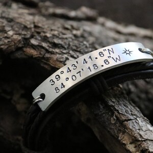 Couples leather bracelet, Custom Coordinate Bracelet, Latitude Longitude Bracelet, Coordinates bracelet, his and her bracelet, mens bracelet image 1