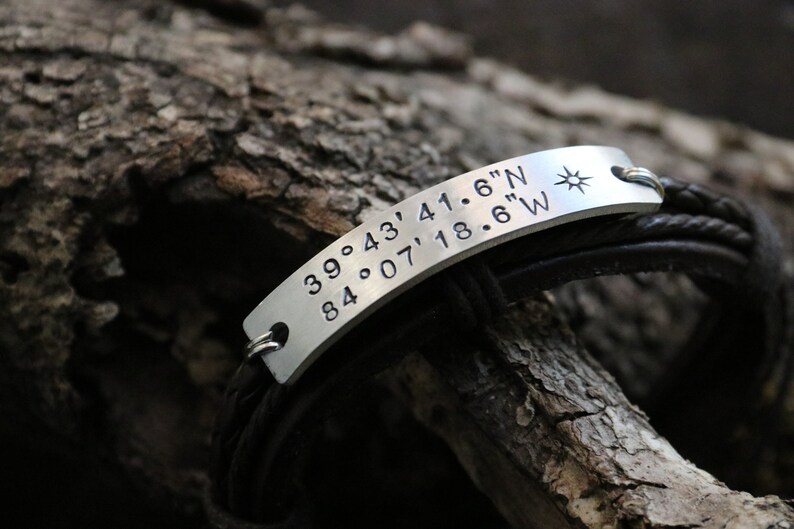 Couples leather bracelet, Custom Coordinate Bracelet, Latitude Longitude Bracelet, Coordinates bracelet, his and her bracelet, mens bracelet image 1