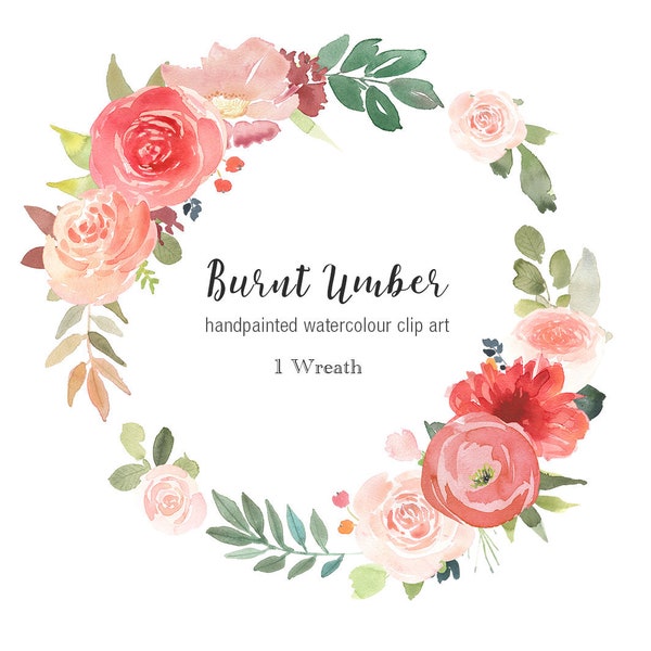 Flower Watercolour Wreath Clip Art - Single Wreath PNG file with burnt orange, pink blush and brown roses, beautiful autumn colours