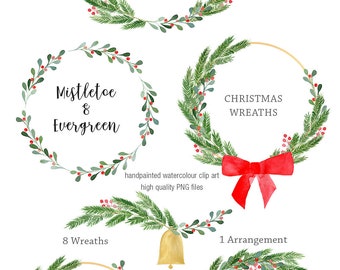 Christmas Wreath Clipart - festive mistletoe watercolor clipart, christmas evergreen wreath, christmas border PNG, watercolor winter clipart