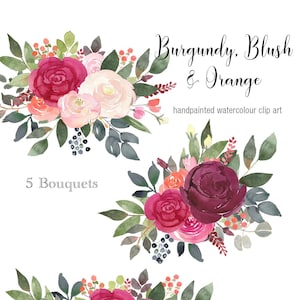 Watercolor ClipArt - Floral Bouquets in Burgundy, Blush Pink and Orange, Flower Arrangements for Wedding Stationary, Branding and more