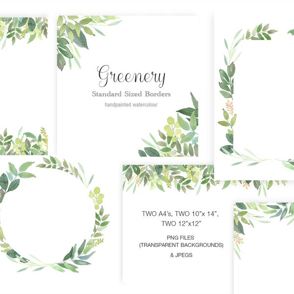 Handpainted Watercolour Frames and Borders - Green Leaves, standard sized templates for wedding invitations, stationary and more.