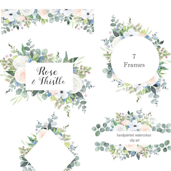 Watercolor Clipart Frames - White Rose and Thistle Flower Clip Art Borders and Invitation Templates - wedding clipart frames and borders